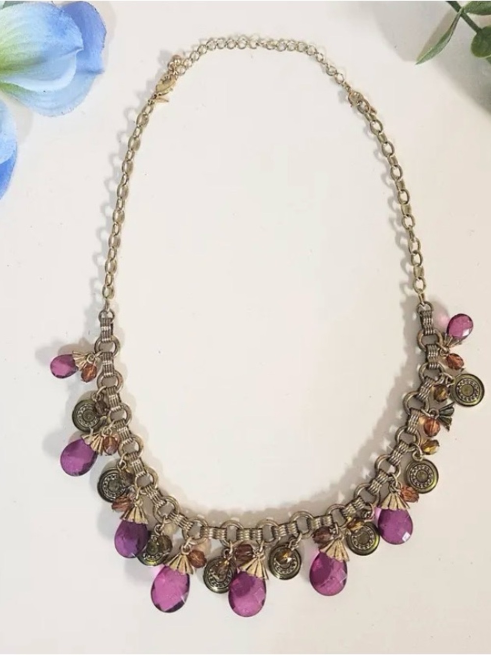 Avon  Purple Teardrop and Amber Charm Necklace